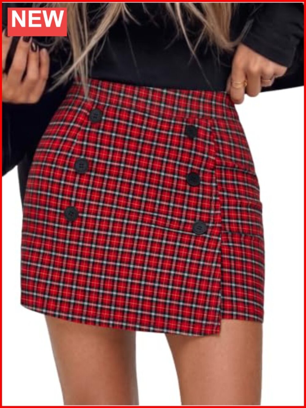 Plaid High Waist Bodycon Mini Skirt Double Row Button Tweed Stretch
